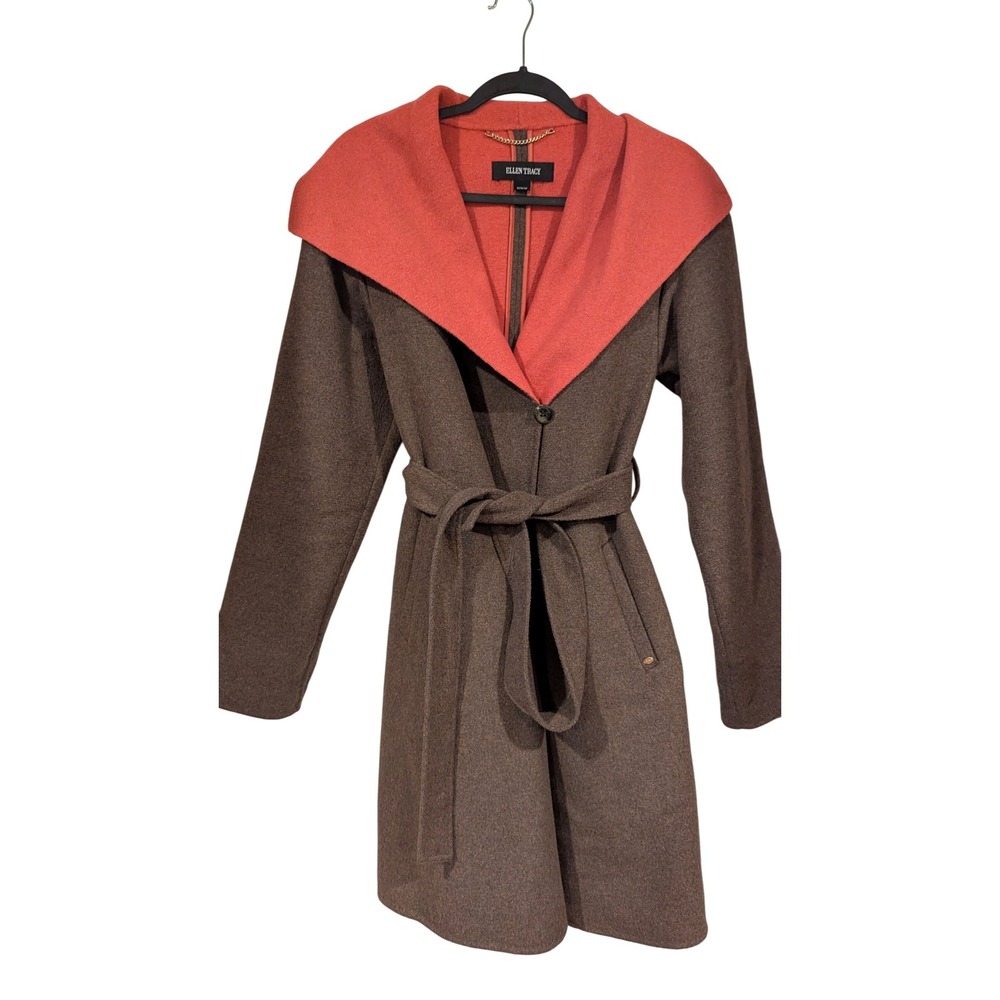 ELLEN TRACY Womens M M Colorblock Wool Blend Belted Coat Orange Brown